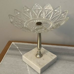 Crystal Cut Glass Dish Marble Pedestal Made In Italy Vintage